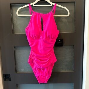 Ellen Tracy Mio One-Piece Swimsuit Ribbed High Neck 14 Bright Orchid NWT